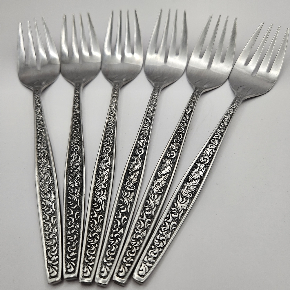 6 Salad Forks MCM Stainless Made In Korea Scrolls Leaves Black Accent UNF1493